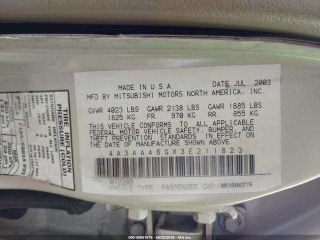 Продаж на аукціоні авто 2003 Mitsubishi Galant Es/ls, vin: 4A3AA46GX3E211823, номер лоту: 45951876