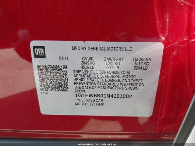 1G1FW6S01N4101002 Chevrolet Bolt Ev Fwd 1lt