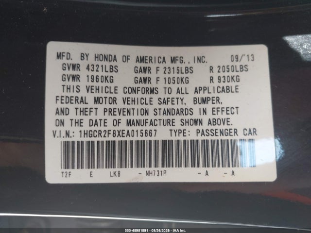 2014 Honda Accord Ex-l მანქანა იყიდება აუქციონზე, vin: 1HGCR2F8XEA015667, აუქციონის ნომერი: 45951891