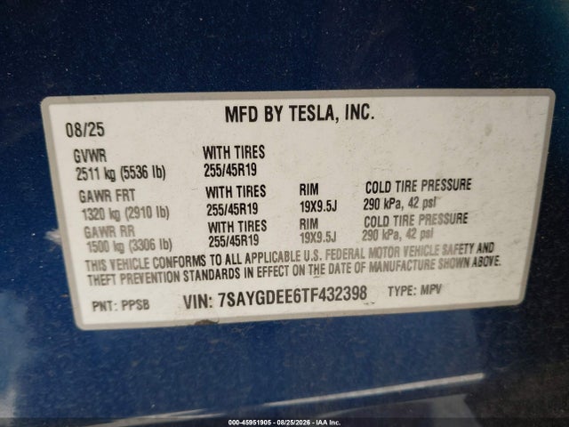 45951905 :رقم المزاد ، 7SAYGDEE6TF432398 vin ، 2026 Tesla Model Y All-wheel Drive/long Range Launch Series/premium All-wheel Drive مزاد بيع