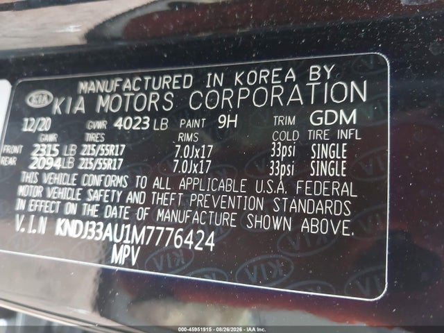 45951915 :رقم المزاد ، KNDJ33AU1M7776424 vin ، 2021 Kia Soul Ex مزاد بيع