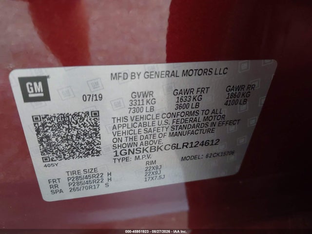 45951923 :رقم المزاد ، 1GNSKBKC6LR124612 vin ، 2020 Chevrolet Tahoe 4wd Lt مزاد بيع