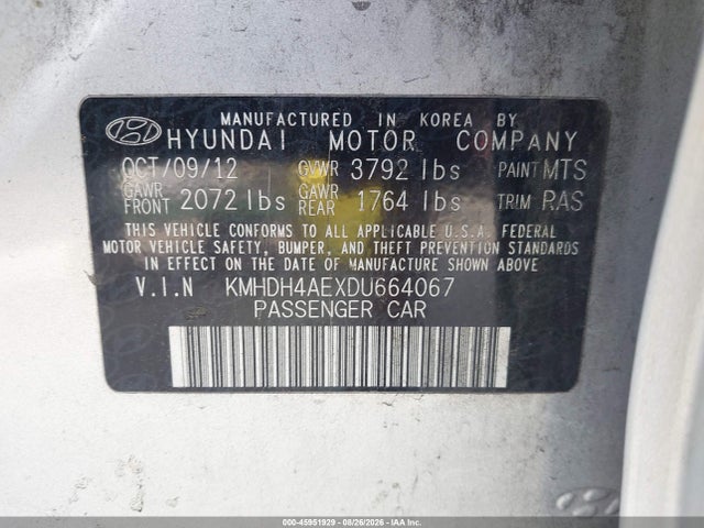 Продаж на аукціоні авто 2013 Hyundai Elantra Gls, vin: KMHDH4AEXDU664067, номер лоту: 45951929