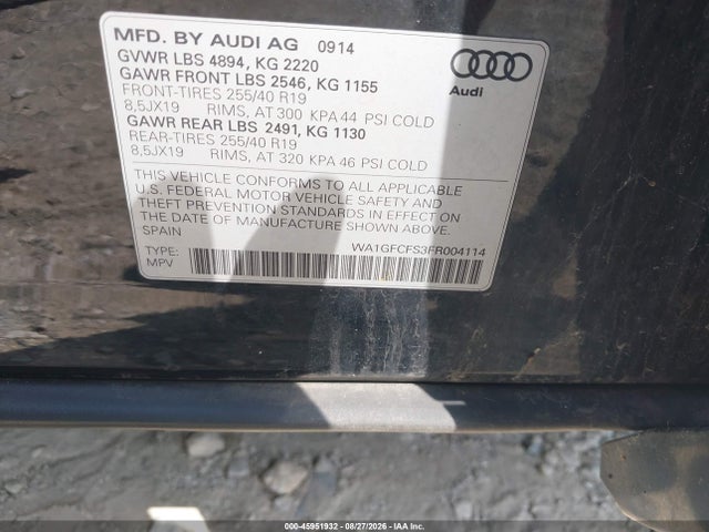 45951932 :رقم المزاد ، WA1GFCFS3FR004114 vin ، 2015 Audi Q3 2.0t Premium Plus مزاد بيع