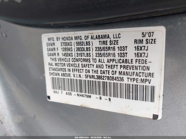Aukcja sprzedaży 2007 Honda Odyssey Ex-l, vin: 5FNRL38627B084536, numer aukcji: 45951934