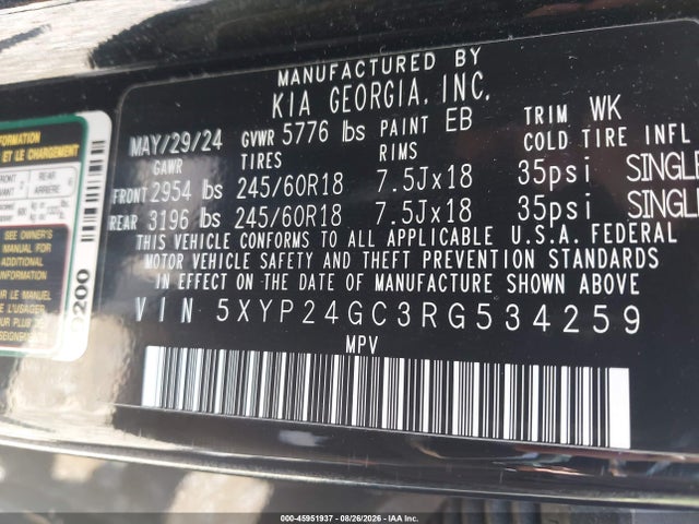 45951937 :رقم المزاد ، 5XYP24GC3RG534259 vin ، 2024 Kia Telluride Lx مزاد بيع