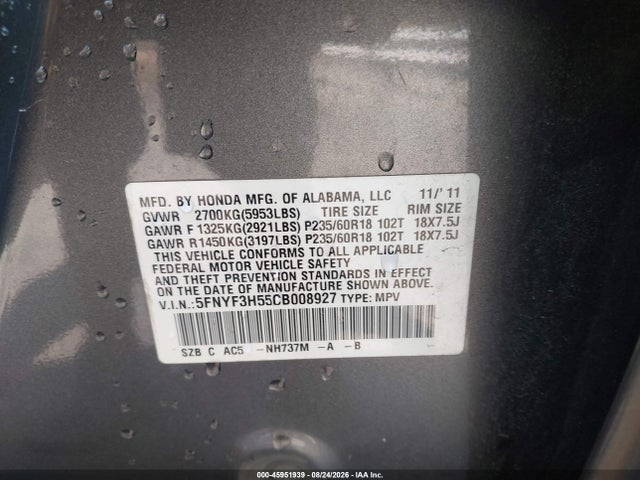 2012 Honda Pilot Ex-l მანქანა იყიდება აუქციონზე, vin: 5FNYF3H55CB008927, აუქციონის ნომერი: 45951939