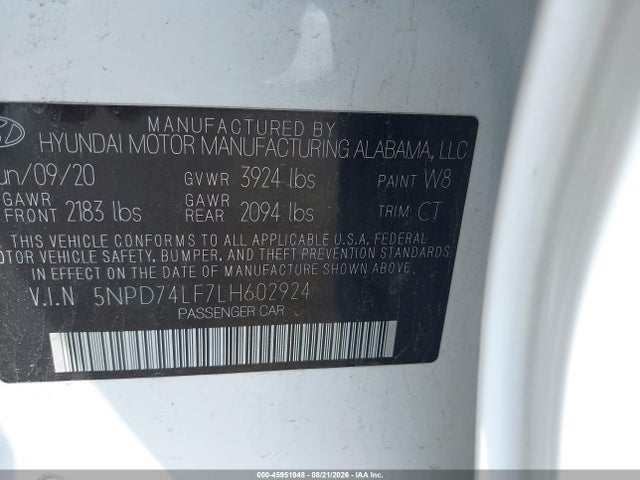 Aukcja sprzedaży 2020 Hyundai Elantra Se, vin: 5NPD74LF7LH602924, numer aukcji: 45951948