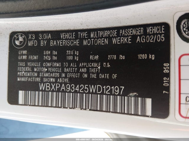 Aukcja sprzedaży 2005 Bmw X3 3.0i, vin: WBXPA93425WD12197, numer aukcji: 45951957