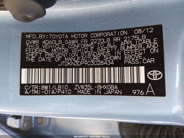 2012 Toyota Prius Plug-in Advanced მანქანა იყიდება აუქციონზე, vin: JTDKN3DP9C3028434, აუქციონის ნომერი: 45951973