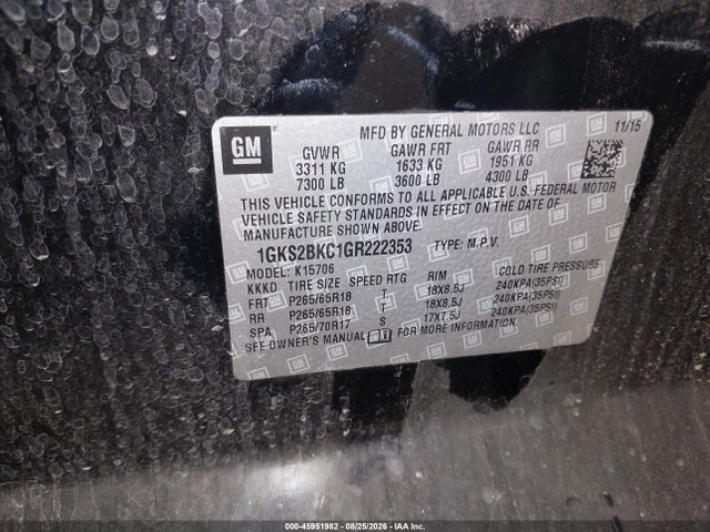 GMC YUKON SLT 2016 1GKS2BKC1GR222353 Image 9