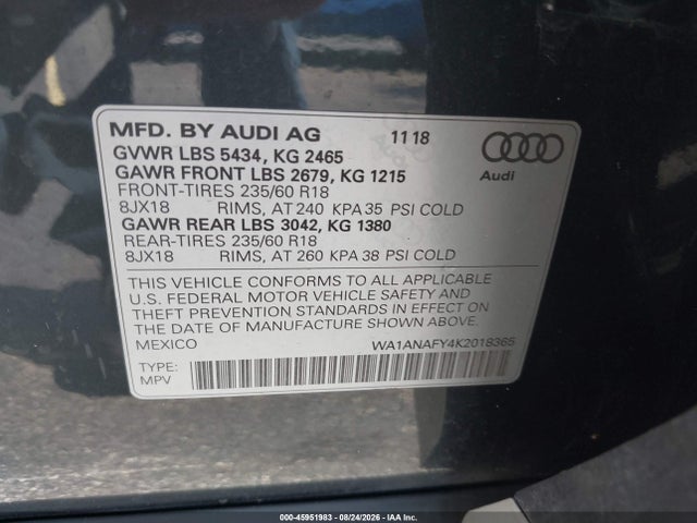 Продажа на аукционе авто 2019 Audi Q5 45 Premium, vin: WA1ANAFY4K2018365, номер лота: 45951983