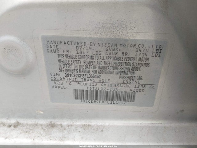 3N1CE2CP8FL366452 Nissan Versa Note Sv