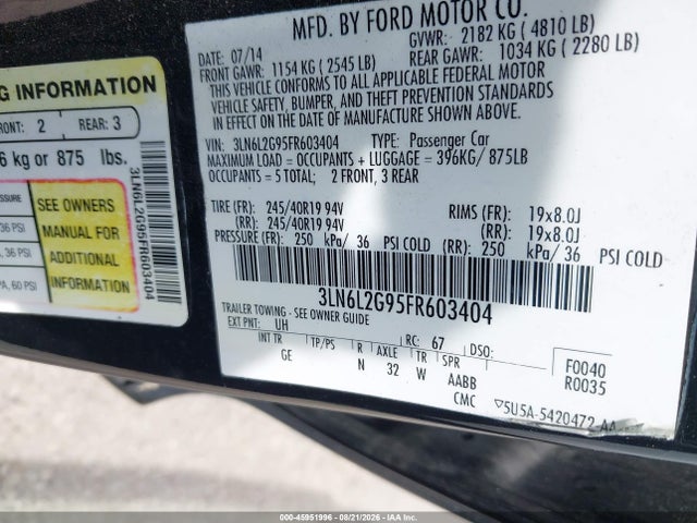 Aukcja sprzedaży 2015 Lincoln Mkz, vin: 3LN6L2G95FR603404, numer aukcji: 45951996