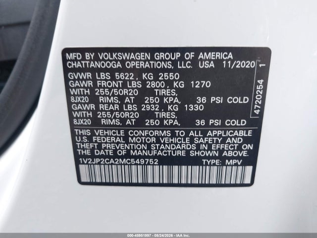Aukcja sprzedaży 2021 Volkswagen Atlas 2.0t Se W/technology, vin: 1V2JP2CA2MC549752, numer aukcji: 45951997