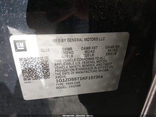 2019 Chevrolet Malibu Lt მანქანა იყიდება აუქციონზე, vin: 1G1ZD5ST1KF157304, აუქციონის ნომერი: 45951998