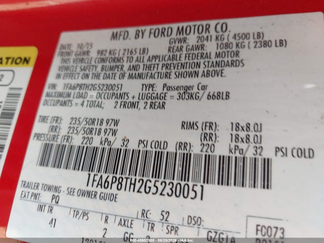 45952000 :رقم المزاد ، 1FA6P8TH2G5230051 vin ، 2016 Ford Mustang Ecoboost مزاد بيع