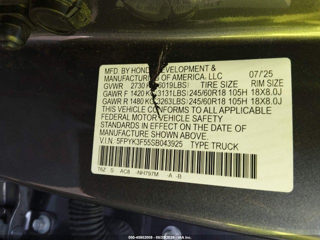 45952009 :رقم المزاد ، 5FPYK3F55SB043925 vin ، 2025 Honda Ridgeline Rtl مزاد بيع