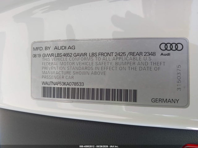 2019 Audi A5 45 Premium მანქანა იყიდება აუქციონზე, vin: WAUTNAF53KA078533, აუქციონის ნომერი: 45952012