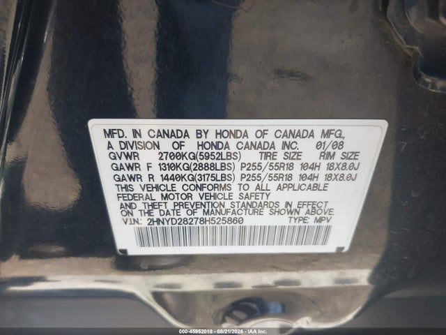 Auction sale of the 2008 Acura Mdx, vin: 2HNYD28278H525860, lot number: 45952018