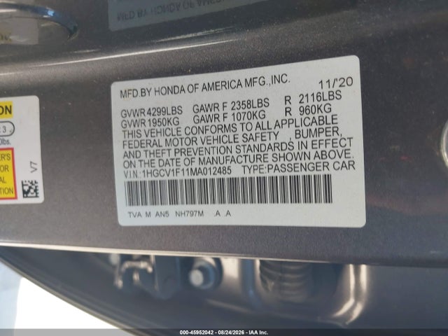 Aukcja sprzedaży 2021 Honda Accord Lx, vin: 1HGCV1F11MA012485, numer aukcji: 45952042