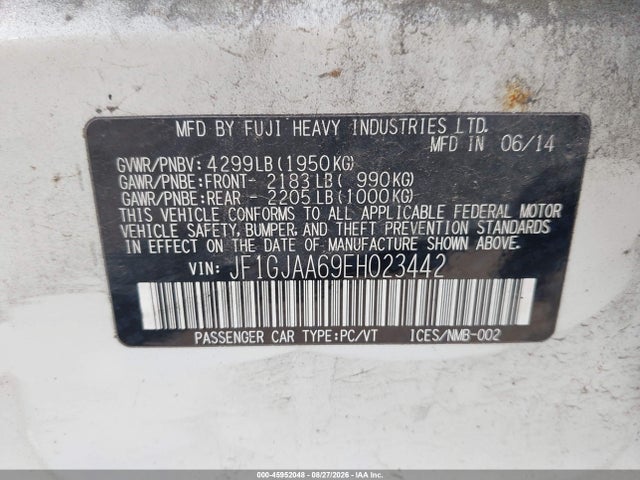 Продаж на аукціоні авто 2014 Subaru Impreza 2.0i, vin: JF1GJAA69EH023442, номер лоту: 45952048