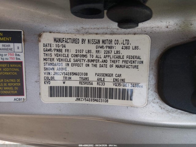 2005 Infiniti G35 მანქანა იყიდება აუქციონზე, vin: JNKCV54E65M403108, აუქციონის ნომერი: 45952052