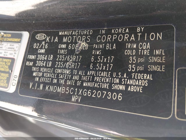 Aukcja sprzedaży 2016 Kia Sedona Lx, vin: KNDMB5C1XG6207306, numer aukcji: 45952056