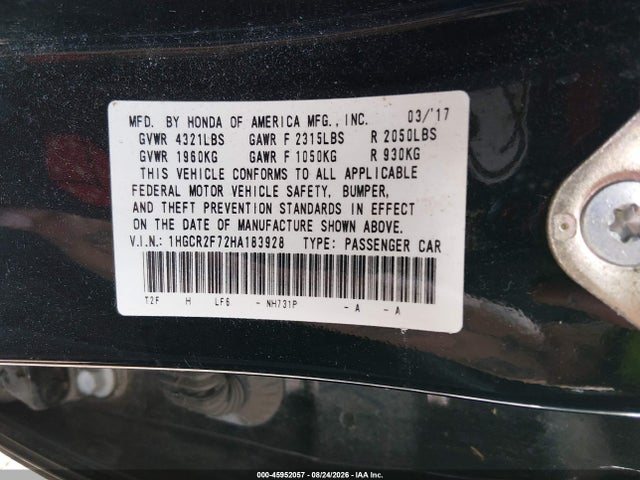 45952057 :رقم المزاد ، 1HGCR2F72HA183928 vin ، 2017 Honda Accord Ex مزاد بيع