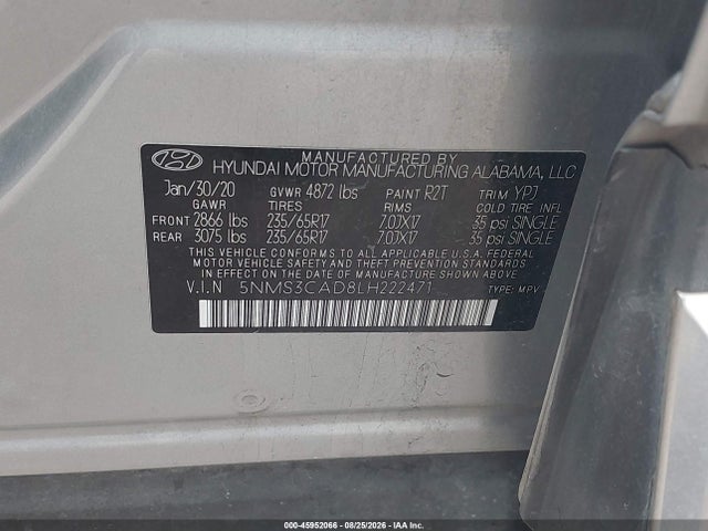 Продажа на аукционе авто 2020 Hyundai Santa Fe Sel, vin: 5NMS3CAD8LH222471, номер лота: 45952066