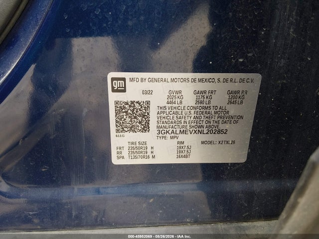 45952069 :رقم المزاد ، 3GKALMEVXNL202852 vin ، 2022 Gmc Terrain Fwd Sle مزاد بيع