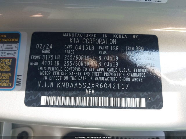 Продажа на аукционе авто 2024 Kia Ev9 Light Short Range, vin: KNDAA5S2XR6042117, номер лота: 45952070