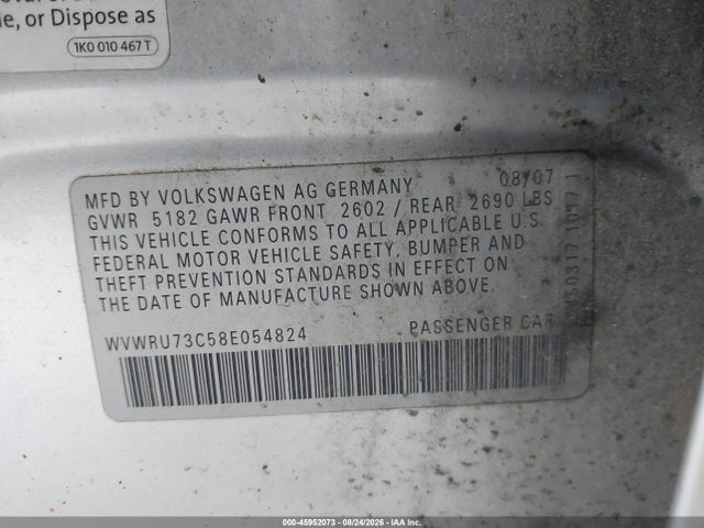 2008 Volkswagen Passat Vr6 მანქანა იყიდება აუქციონზე, vin: WVWRU73C58E054824, აუქციონის ნომერი: 45952073