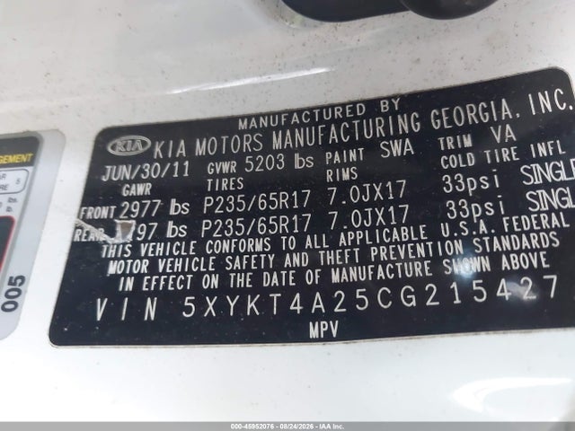 Продажа на аукционе авто 2012 Kia Sorento Lx V6, vin: 5XYKT4A25CG215427, номер лота: 45952076