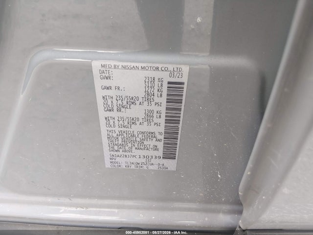 Aukcja sprzedaży 2023 Nissan Murano Sv Fwd, vin: 5N1AZ2BJ7PC130339, numer aukcji: 45952081