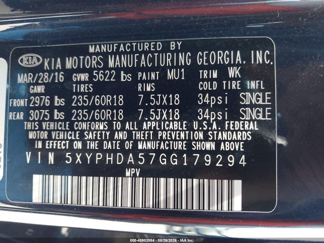 Продажа на аукционе авто 2016 Kia Sorento 3.3l Ex, vin: 5XYPHDA57GG179294, номер лота: 45952084