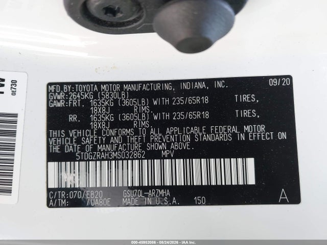 Продаж на аукціоні авто 2021 Toyota Highlander Xle, vin: 5TDGZRAH3MS032862, номер лоту: 45952086