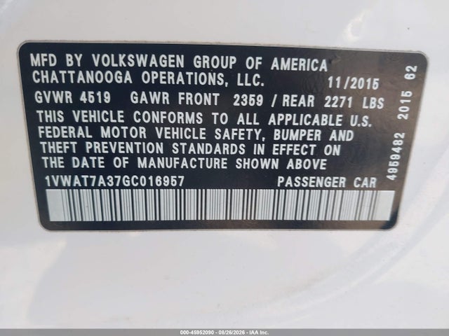 1VWAT7A37GC016957 Volkswagen Passat 1.8t S