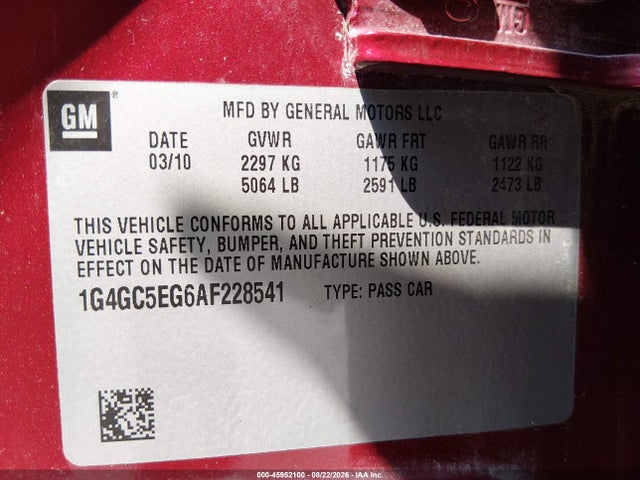 Aukcja sprzedaży 2010 Buick Lacrosse Cxl, vin: 1G4GC5EG6AF228541, numer aukcji: 45952100
