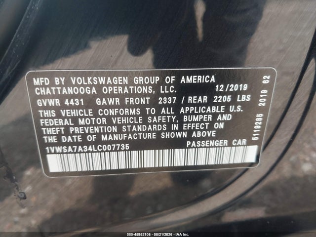 2020 Volkswagen Passat 2.0t Se მანქანა იყიდება აუქციონზე, vin: 1VWSA7A34LC007735, აუქციონის ნომერი: 45952106