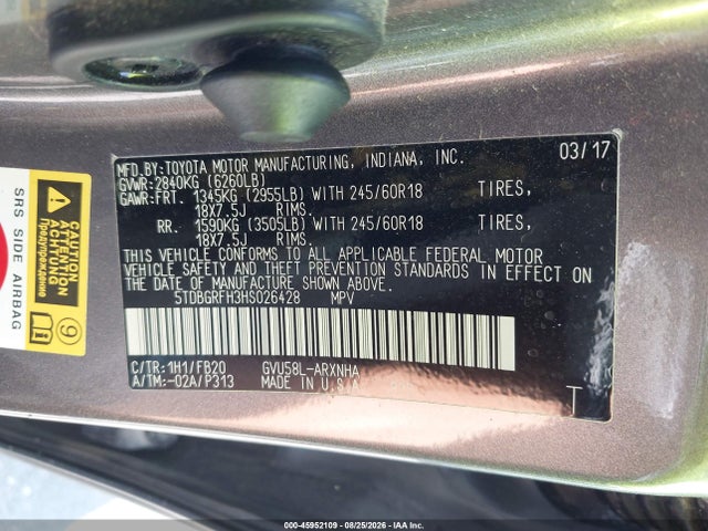 Aukcja sprzedaży 2017 Toyota Highlander Hybrid Le, vin: 5TDBGRFH3HS026428, numer aukcji: 45952109