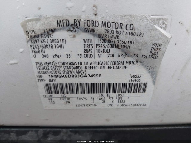 2018 Ford Explorer Xlt მანქანა იყიდება აუქციონზე, vin: 1FM5K8D88JGA34996, აუქციონის ნომერი: 45952112