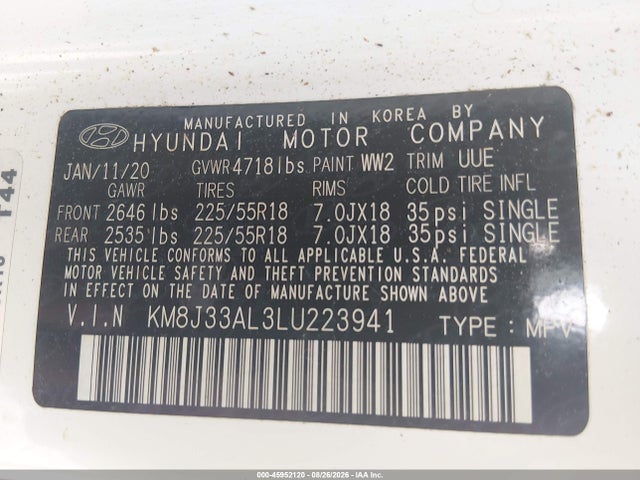 Продажа на аукционе авто 2020 Hyundai Tucson Sel, vin: KM8J33AL3LU223941, номер лота: 45952120