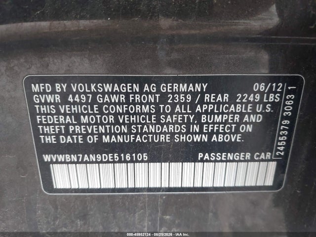 45952124 :رقم المزاد ، WVWBN7AN9DE516105 vin ، 2013 Volkswagen Cc 2.0t Sport Plus مزاد بيع