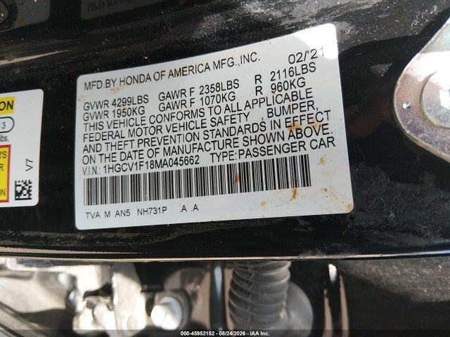 2021 Honda Accord Lx მანქანა იყიდება აუქციონზე, vin: 1HGCV1F18MA045662, აუქციონის ნომერი: 45952152