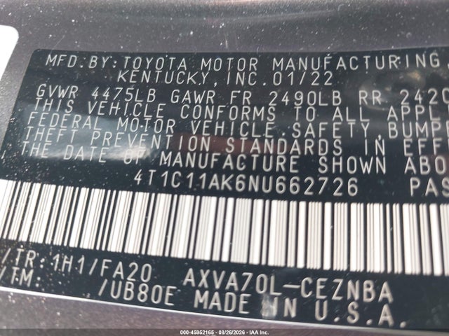 Продажа на аукционе авто 2022 Toyota Camry Le, vin: 4T1C11AK6NU662726, номер лота: 45952165