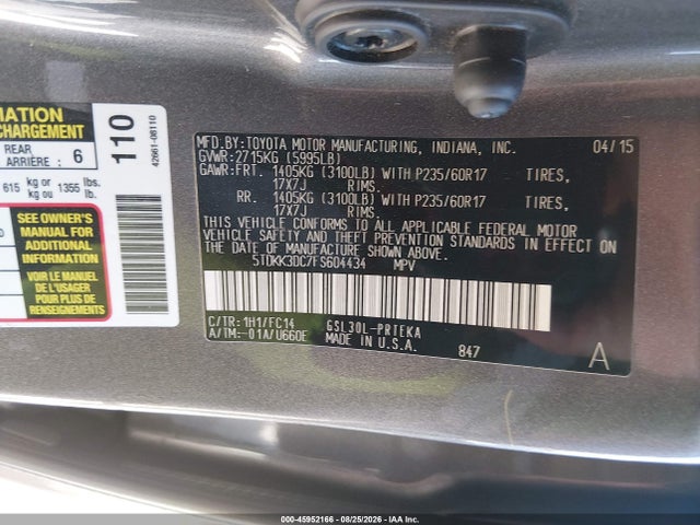 2015 Toyota Sienna Le 8 Passenger მანქანა იყიდება აუქციონზე, vin: 5TDKK3DC7FS604434, აუქციონის ნომერი: 45952166