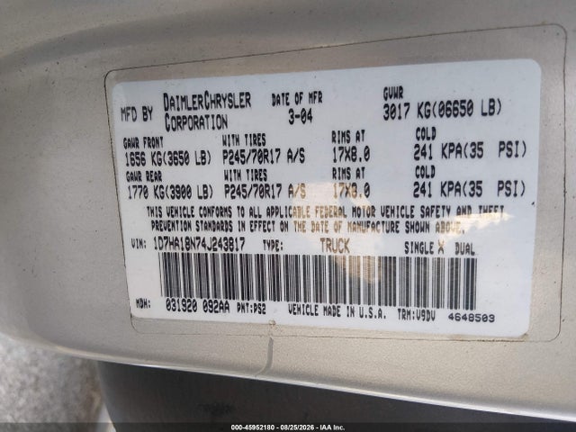 2004 Dodge Ram 1500 Slt/laramie მანქანა იყიდება აუქციონზე, vin: 1D7HA18N74J243817, აუქციონის ნომერი: 45952180