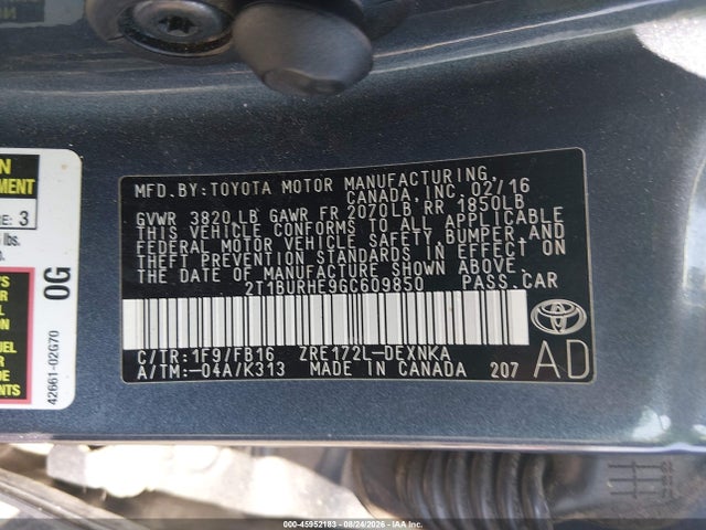 2016 Toyota Corolla Le მანქანა იყიდება აუქციონზე, vin: 2T1BURHE9GC609850, აუქციონის ნომერი: 45952183