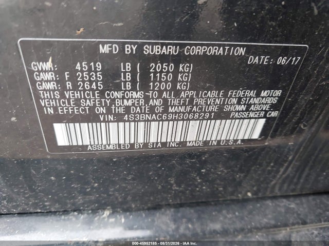2017 Subaru Legacy 2.5i Premium მანქანა იყიდება აუქციონზე, vin: 4S3BNAC69H3068291, აუქციონის ნომერი: 45952185